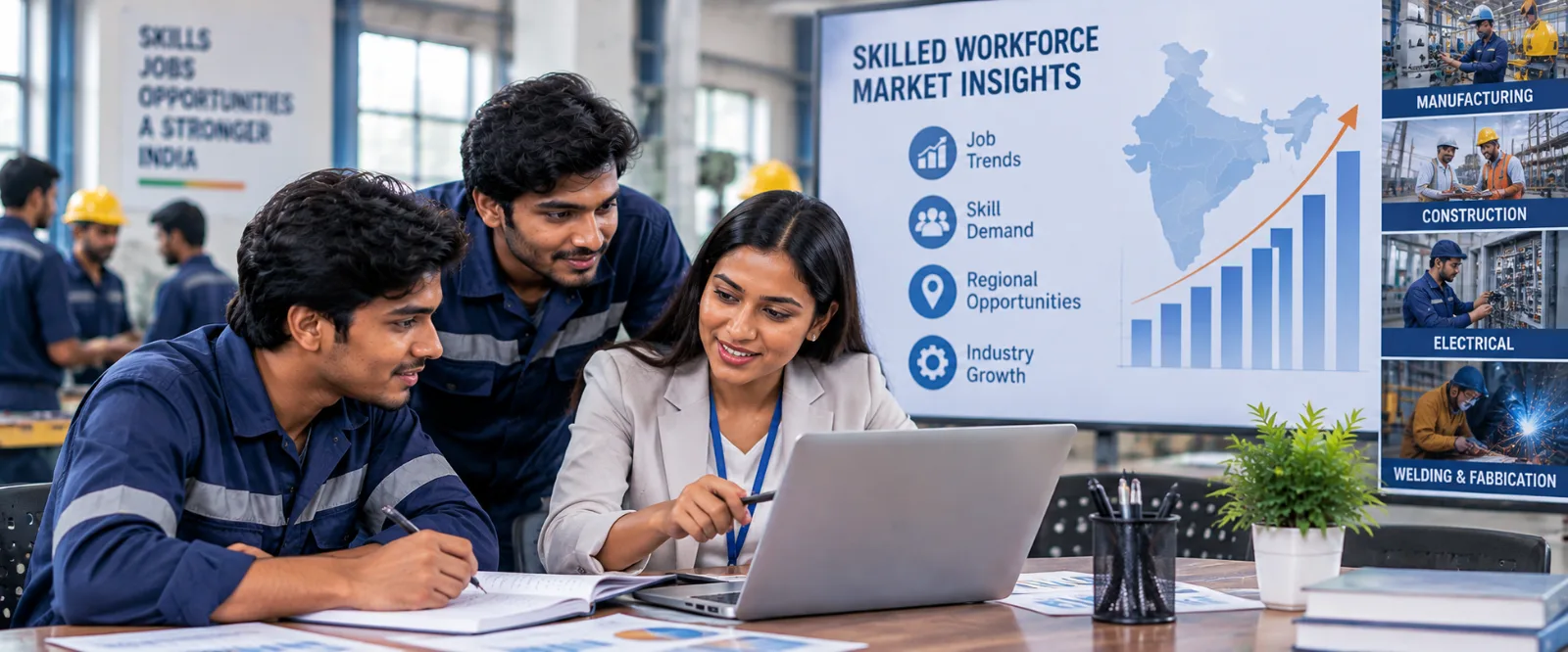 Skilled technical workers and employers discussing workforce needs in an industrial workplace