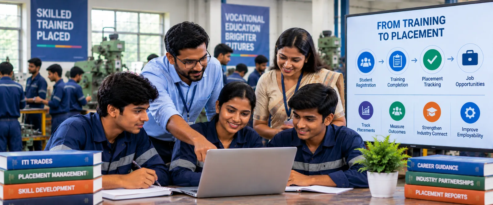 Placement officer and ITI students reviewing placement tracking data in a vocational training workshop