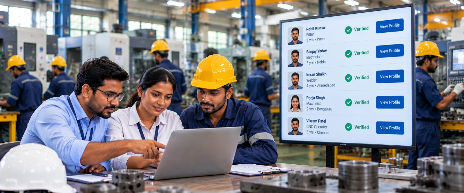 Indian employers reviewing verified skilled worker candidates in a manufacturing environment