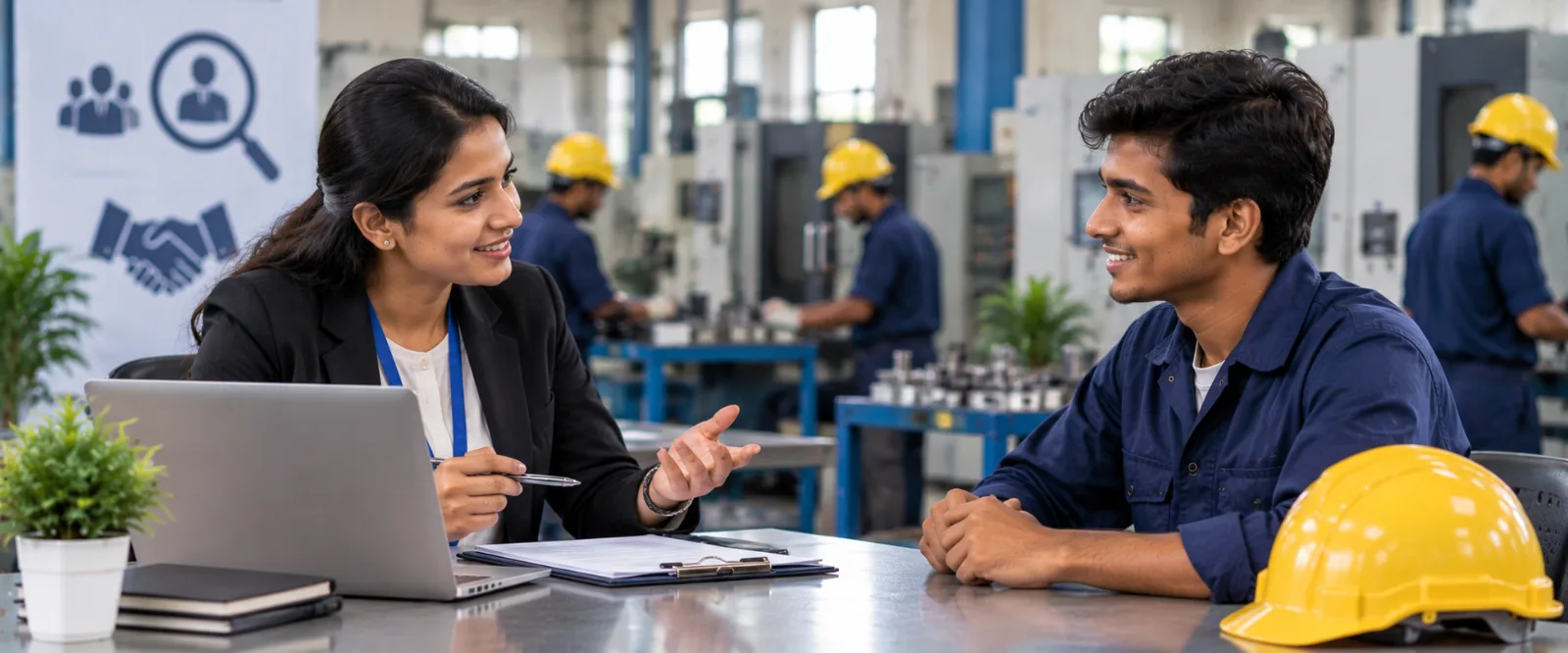 Indian HR/recruiter interacting with an ITI/Diploma technician in a manufacturing/industrial setting