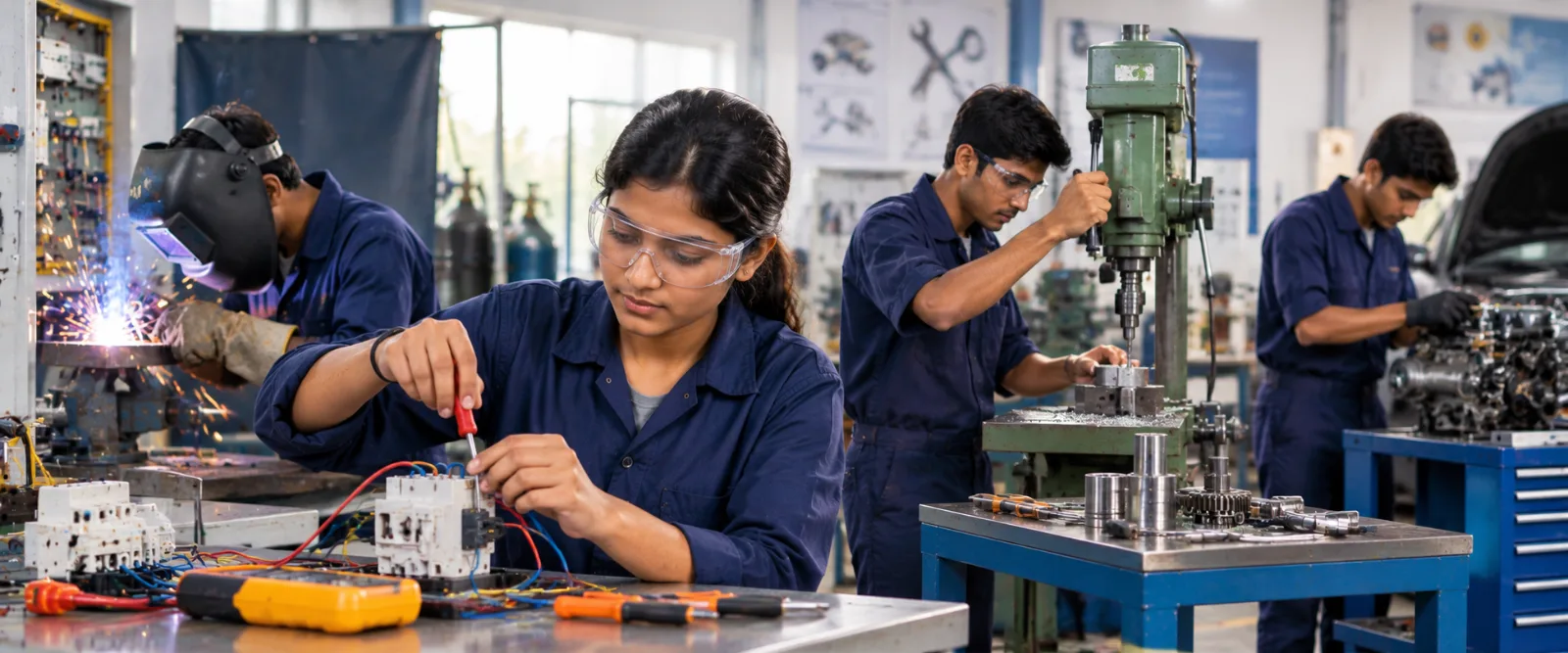 Indian technical trainees/workers around different skilled-trade activities such as electrical, welding, machining or mechanical work