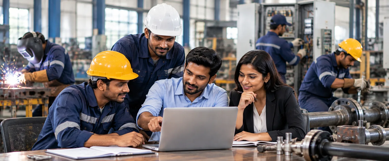 Technical workers and employers discussing skilled trade hiring in an industrial workshop