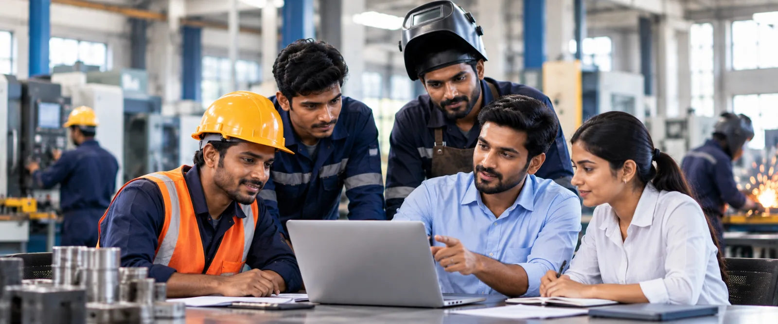 Employers and skilled technical workers discussing recruitment opportunities in an industrial workplace