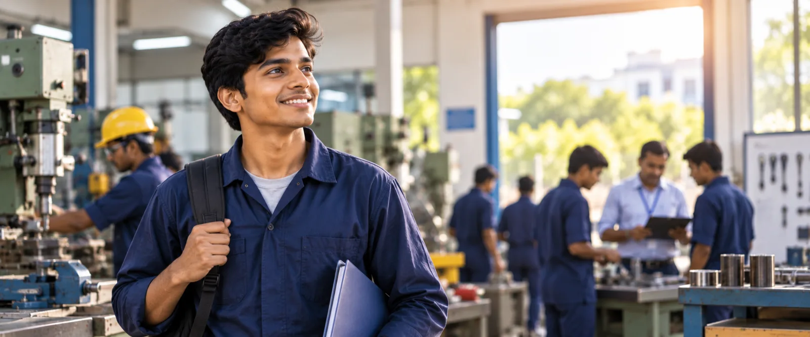 Young Indian ITI fresher in a workshop/factory environment, representing the transition from training to the first job