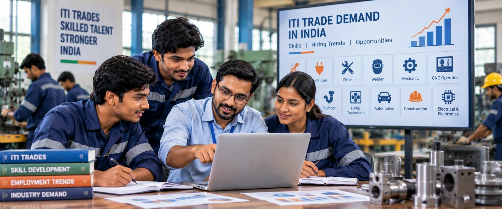 ITI-trained technical workers discussing job opportunities and trade skills with an employer