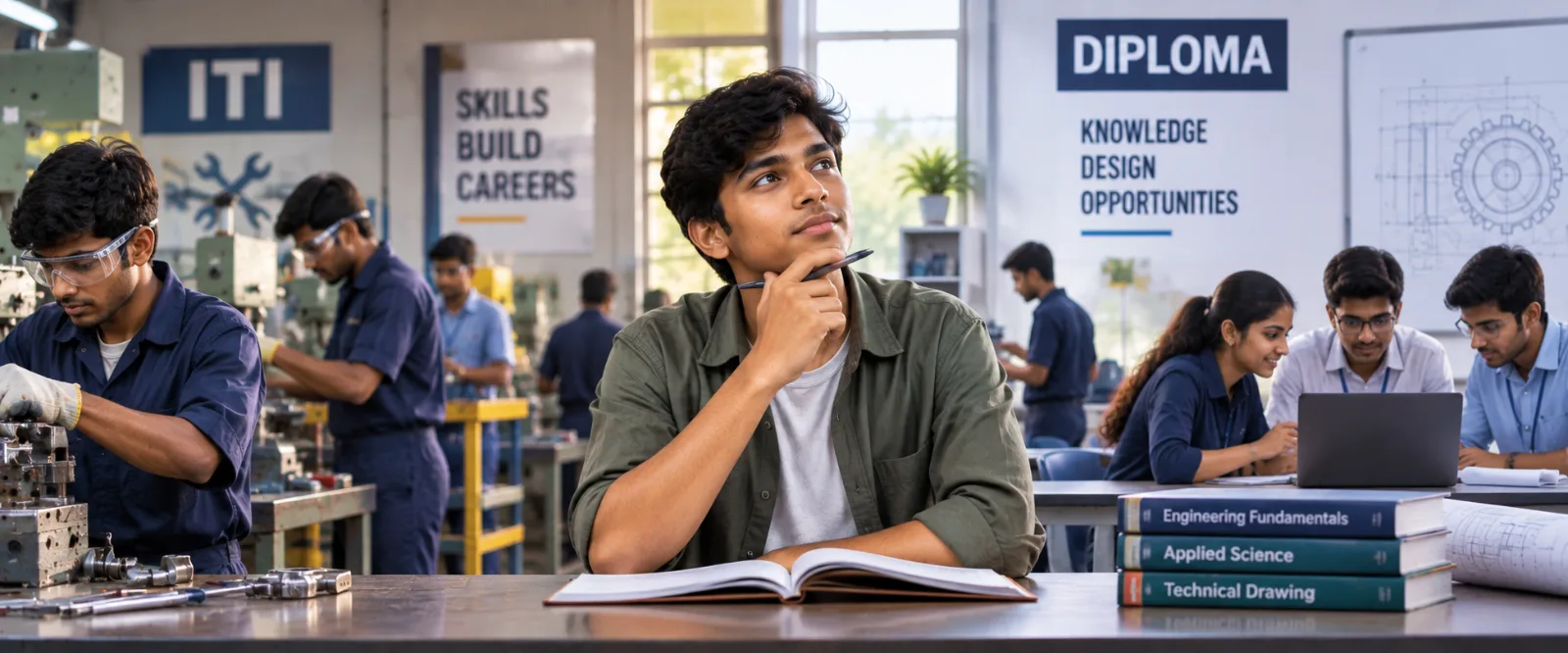Young student/trainee with a visual contrast between hands-on ITI workshop training and diploma/engineering-oriented learning