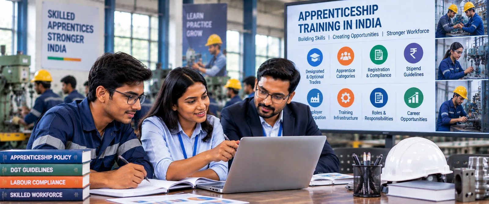 Apprentice and industrial supervisor reviewing practical training work in a manufacturing facility