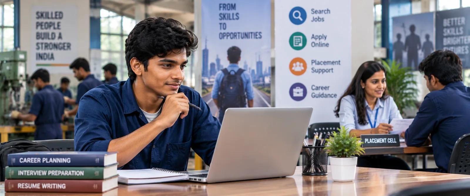 ITI fresher using a laptop/career desk, with a placement/recruitment interaction in the background